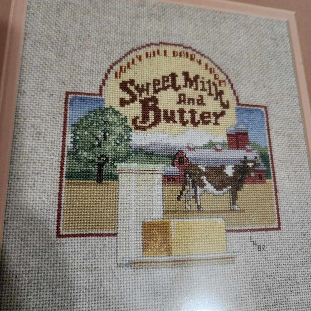 Vintage 1987 Handmade Cross Stitch Sweet Milk and Butter Dairy Farm Framed Art